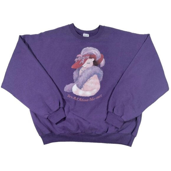 Vintage 90s Fancy Cat Sweatshirt XL Grandma Sweater Red Hat Society Purple Red - Picture 2 of 4